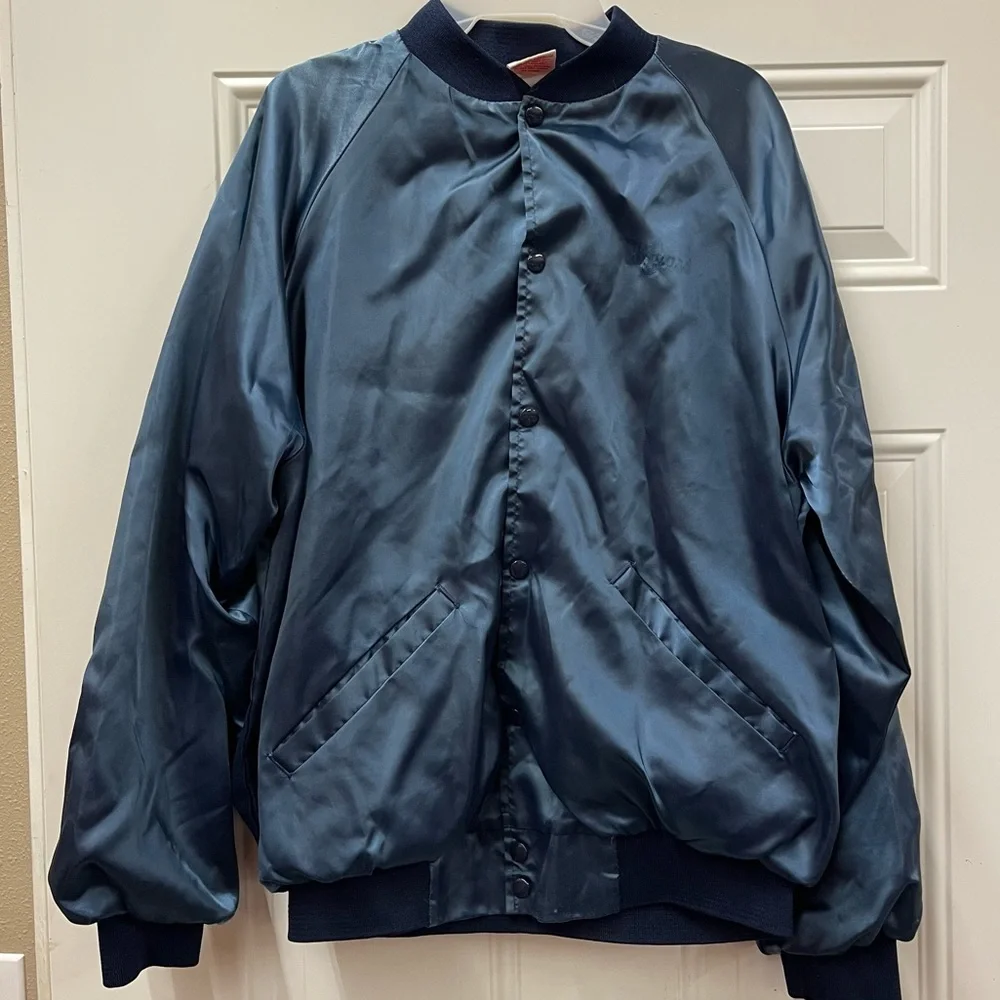 Vintage Cardinal Made In The USA Blue Satin Snap Front Bomber Jacket XL